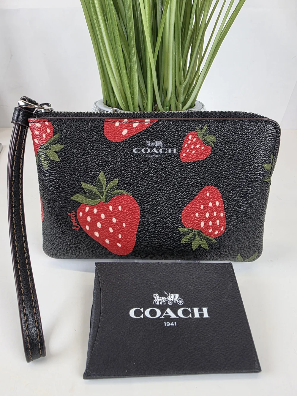 Coach Strawberey Black Leather Wristlet Clutch Bag